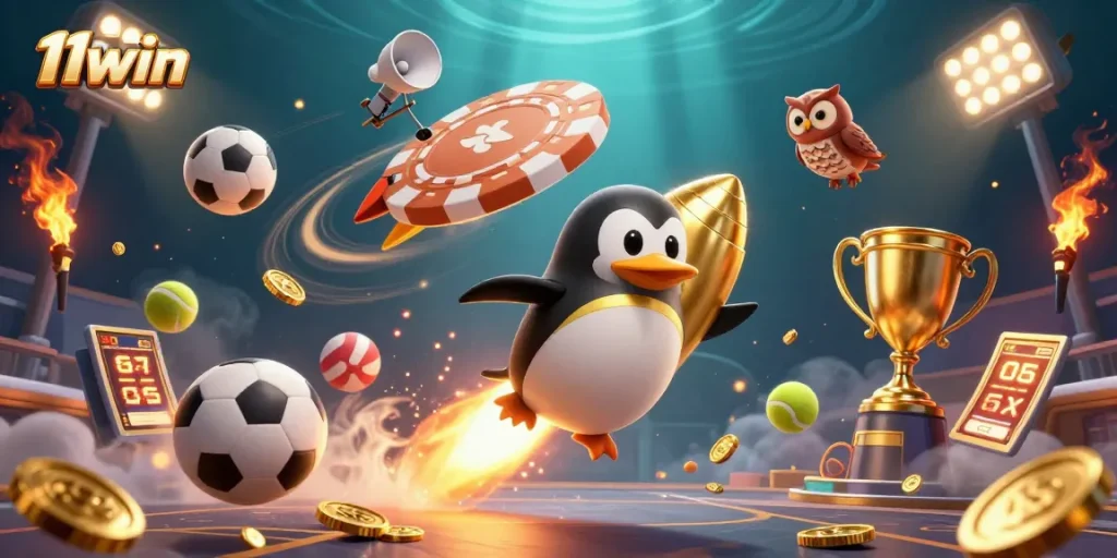 Experience winning moments with 11win, illustrated by a rocket-powered penguin and dazzling casino elements.