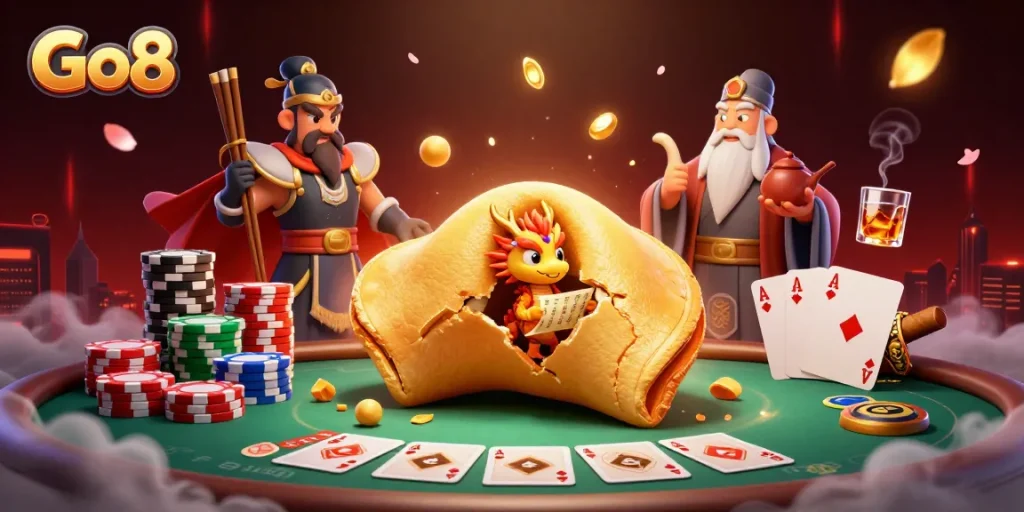 Go8 players engage in thrilling poker action surrounded by a magical scene of fortune and excitement.