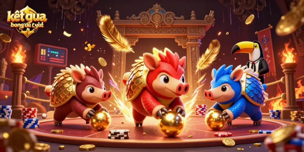 Engage with kết quả bóng đá trực tuyến in this lively scene featuring pangolins competing in a gambling arena.