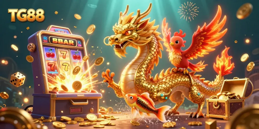 Engage with TG88's exciting universe featuring a golden dragon, phoenix, and koi fish amidst a casino treasure explosion.