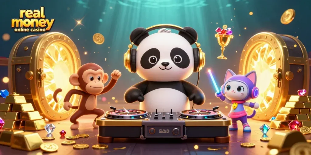 Experience the exciting world of a real money online casino with a DJ panda spinning on roulette turntables.