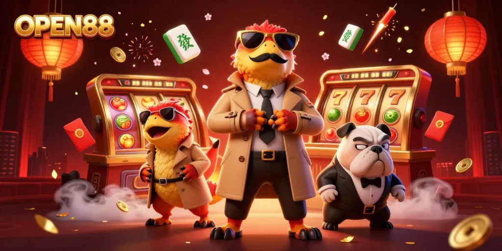 Experience winning moments at OPEN88 with raptors in a trench coat entering a VIP casino.