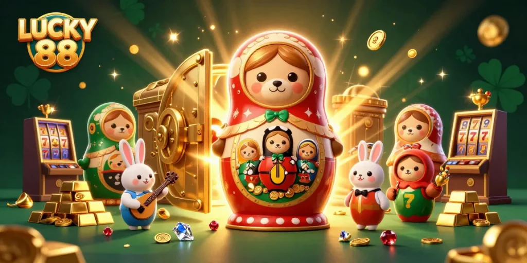 Experience dynamic gameplay with LUCKY 88 in this vibrant casino scene featuring beloved characters.