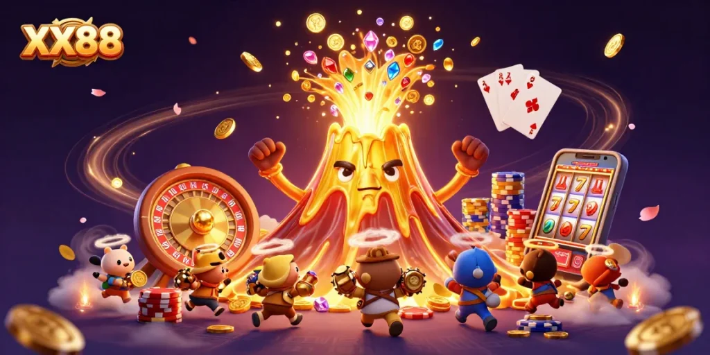 Experience winning thrills at XX88 with a stunning 3D cartoon casino scene featuring a treasure-filled volcano.
