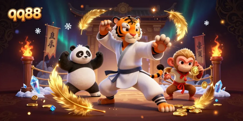 Engage in the thrill of qq88 as the kung fu tiger master and panda disciple display their skills amidst golden casino elements.