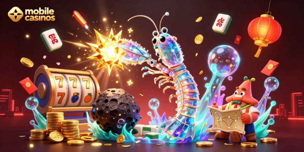 Experience mobile casinos with an explosion of gems and animated characters in a vibrant casino scene.