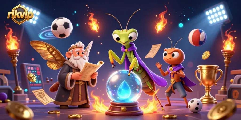 Experience the thrill of rikvip with dynamic sports elements and mystical characters in a vibrant casino scene.