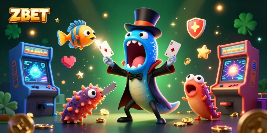 ZBET brings excitement with a magician eel performing card tricks in an enchanting casino scene.