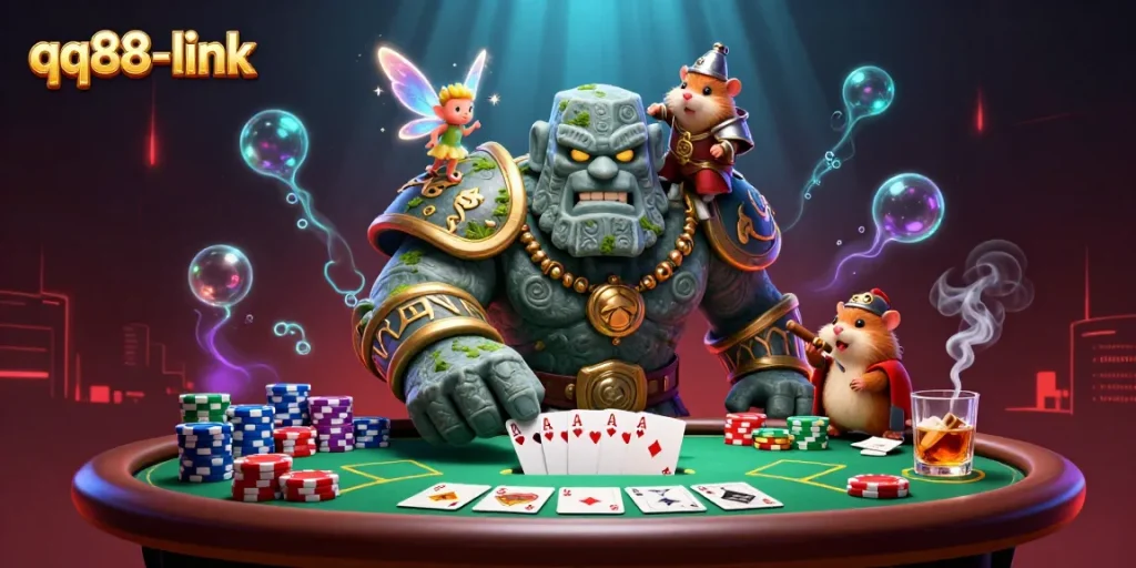 Experience thrilling poker action with qq88-link's enchanting scene of a golem guardian and friends
