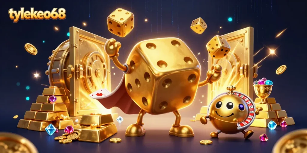 Tylekeo68 showcases a dynamic scene with a golden dice golem and treasures while emphasizing online betting excitement.