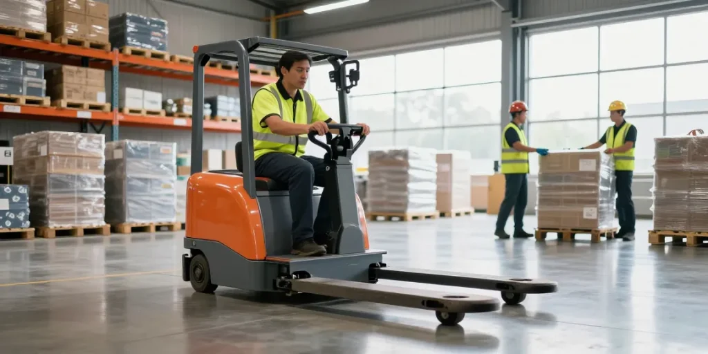 Electric pallet truck lifting heavy loads in a modern warehouse with efficient design elements, showcasing workplace productivity.