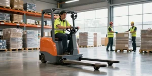 Electric pallet truck lifting heavy loads in a modern warehouse with efficient design elements, showcasing workplace productivity.