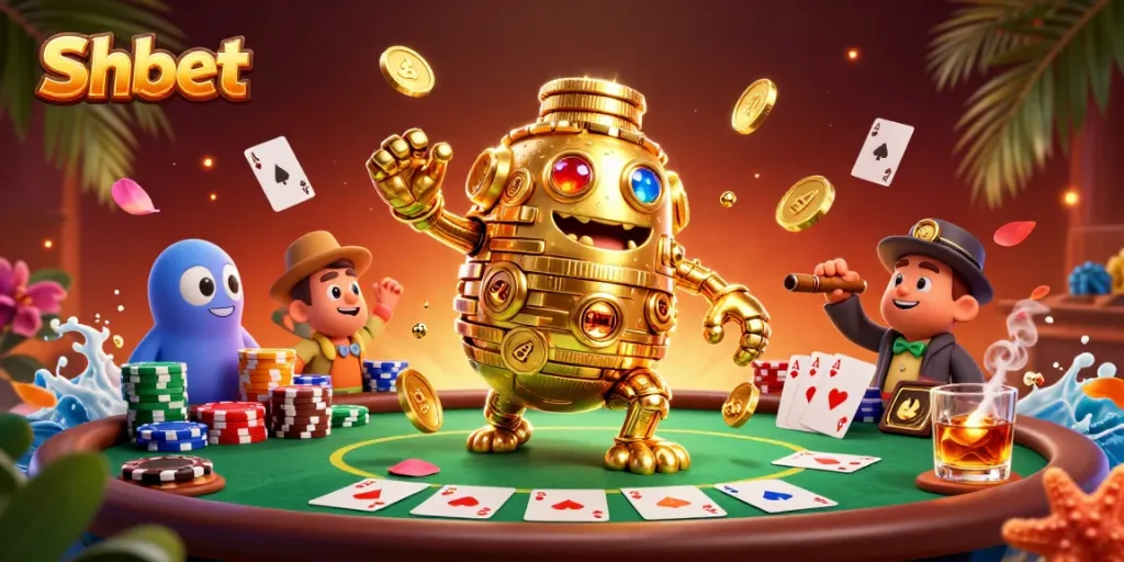 Experience thrilling gameplay at Shbet with a vibrant cartoon scene featuring a golden golem and poker elements.